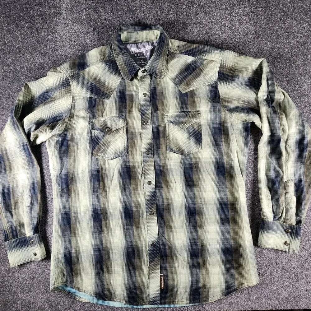 Wrangler‎ Retro Premium Mens XL Plaid Western Snap Shirt Green Black Cowboy